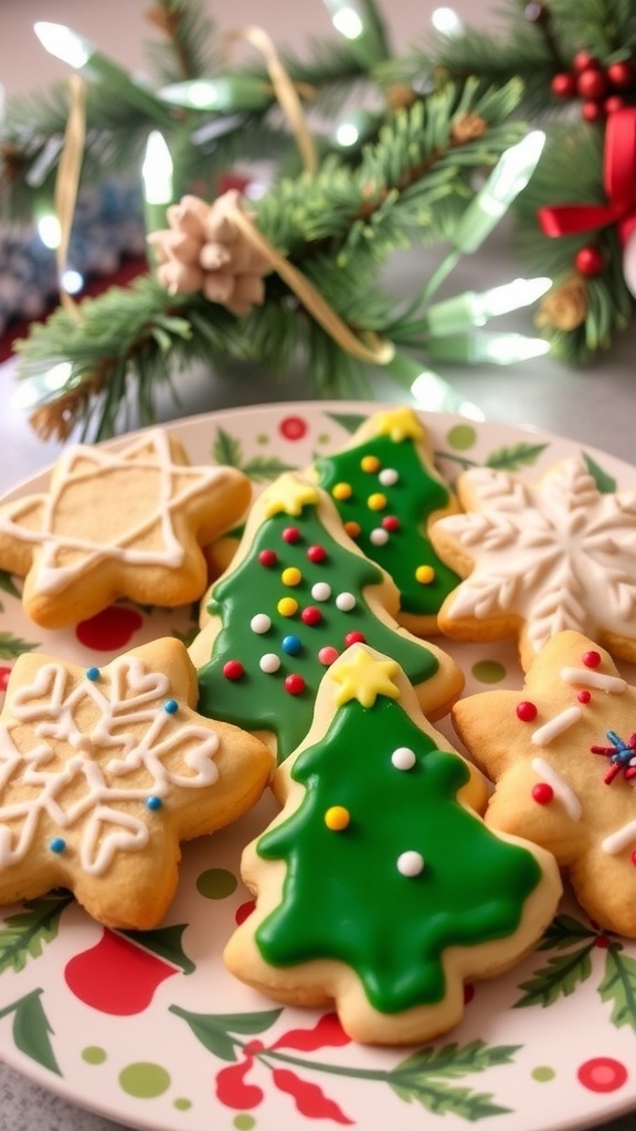 A plate of decorated sugar cookies in festive shapes for Christmas, surrounded by holiday decorations.